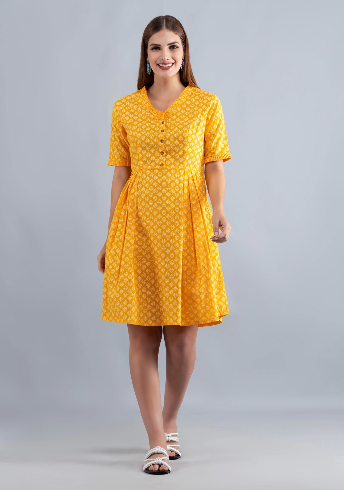 Yellow Printed Pure Cotton Fit & Flare  Dress