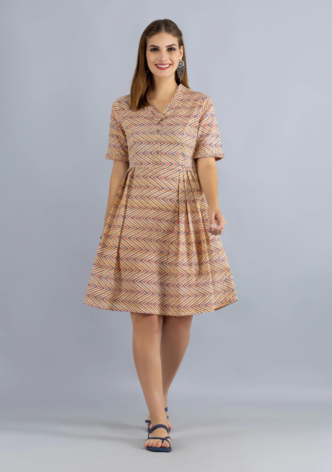 Beige Printed Pure Cotton Fit & Flare  Dress