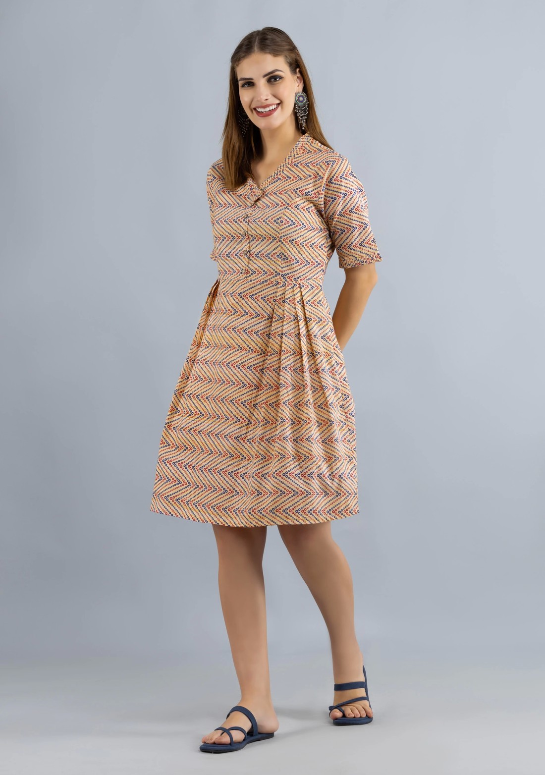 Beige Printed Pure Cotton Fit & Flare  Dress