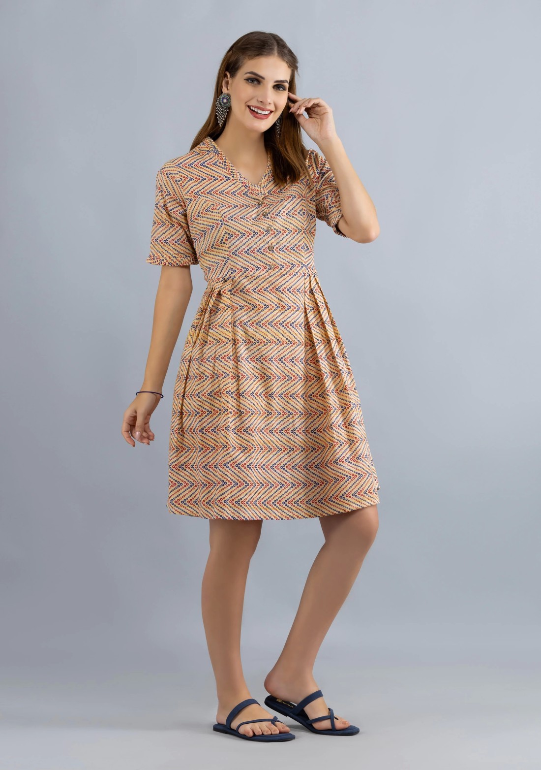 Beige Printed Pure Cotton Fit & Flare  Dress