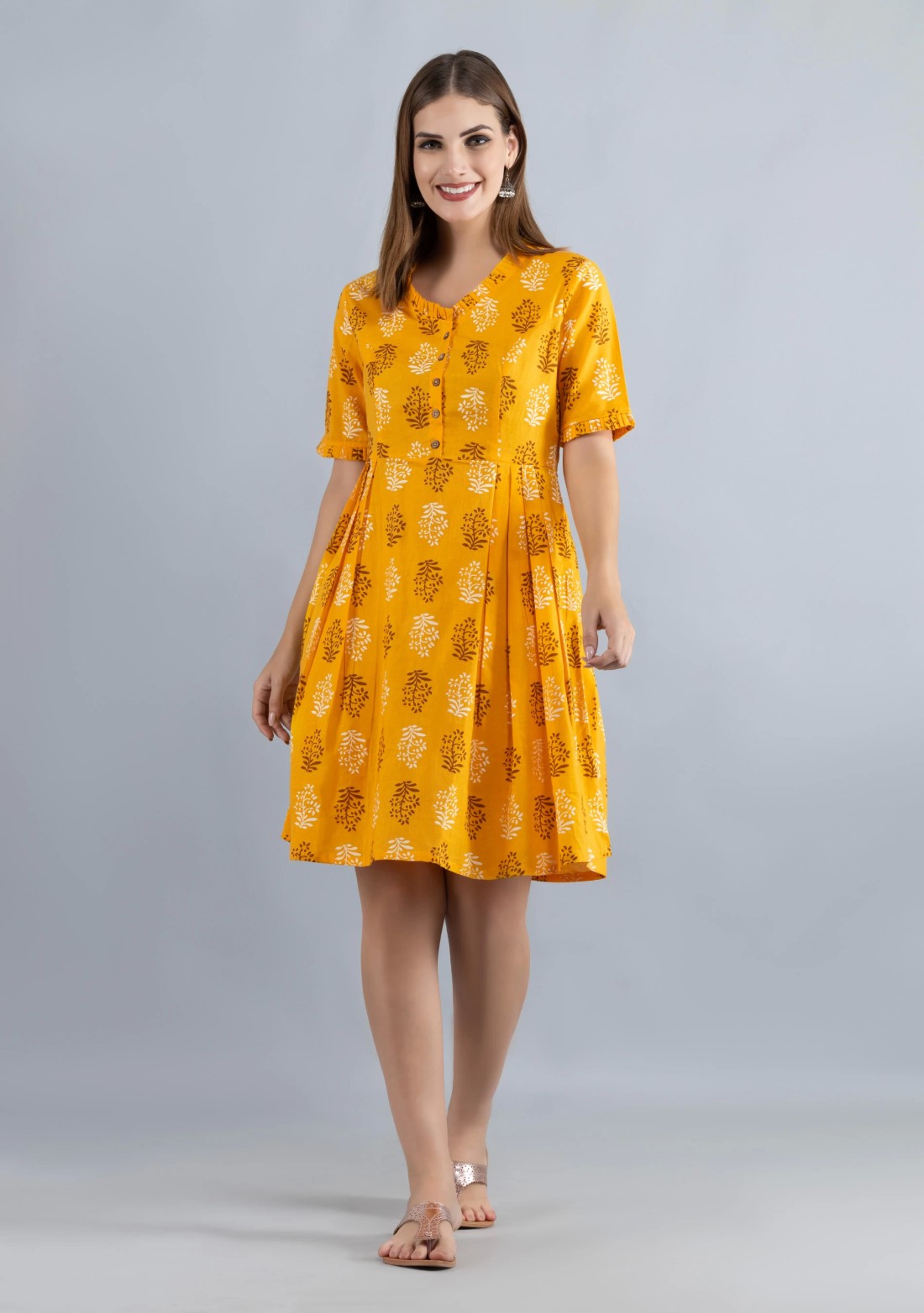 Yellow Printed Pure Cotton Fit & Flare  Dress