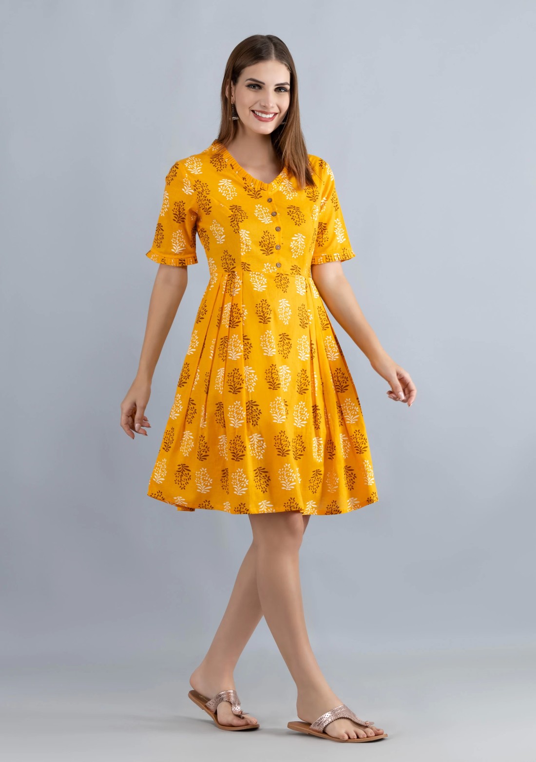 Yellow Printed Pure Cotton Fit & Flare  Dress