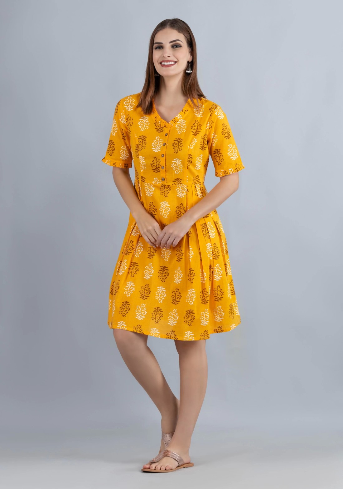 Yellow Printed Pure Cotton Fit & Flare  Dress