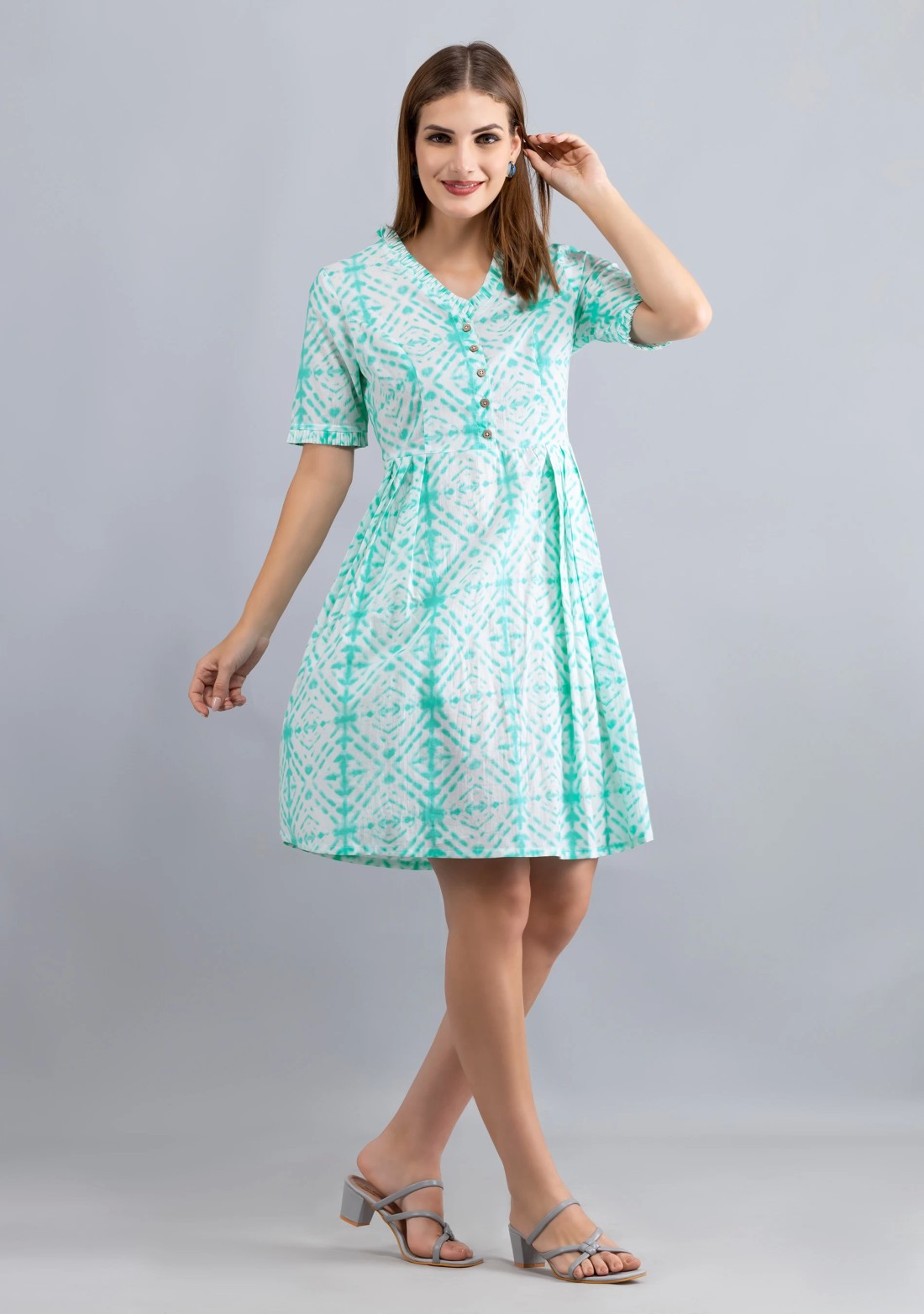 White & Sea green Printed Pure Cotton Fit & Flare  Dress