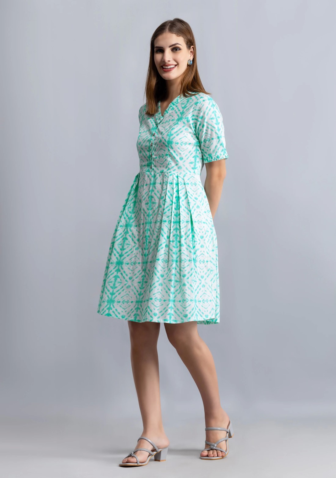 White & Sea green Printed Pure Cotton Fit & Flare  Dress