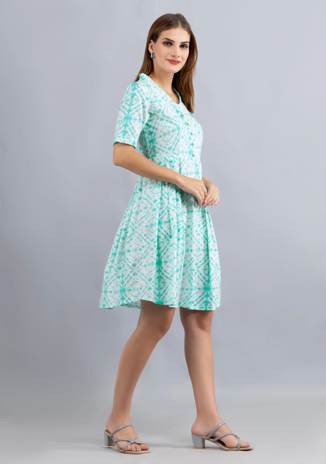 White & Sea green Printed Pure Cotton Fit & Flare  Dress