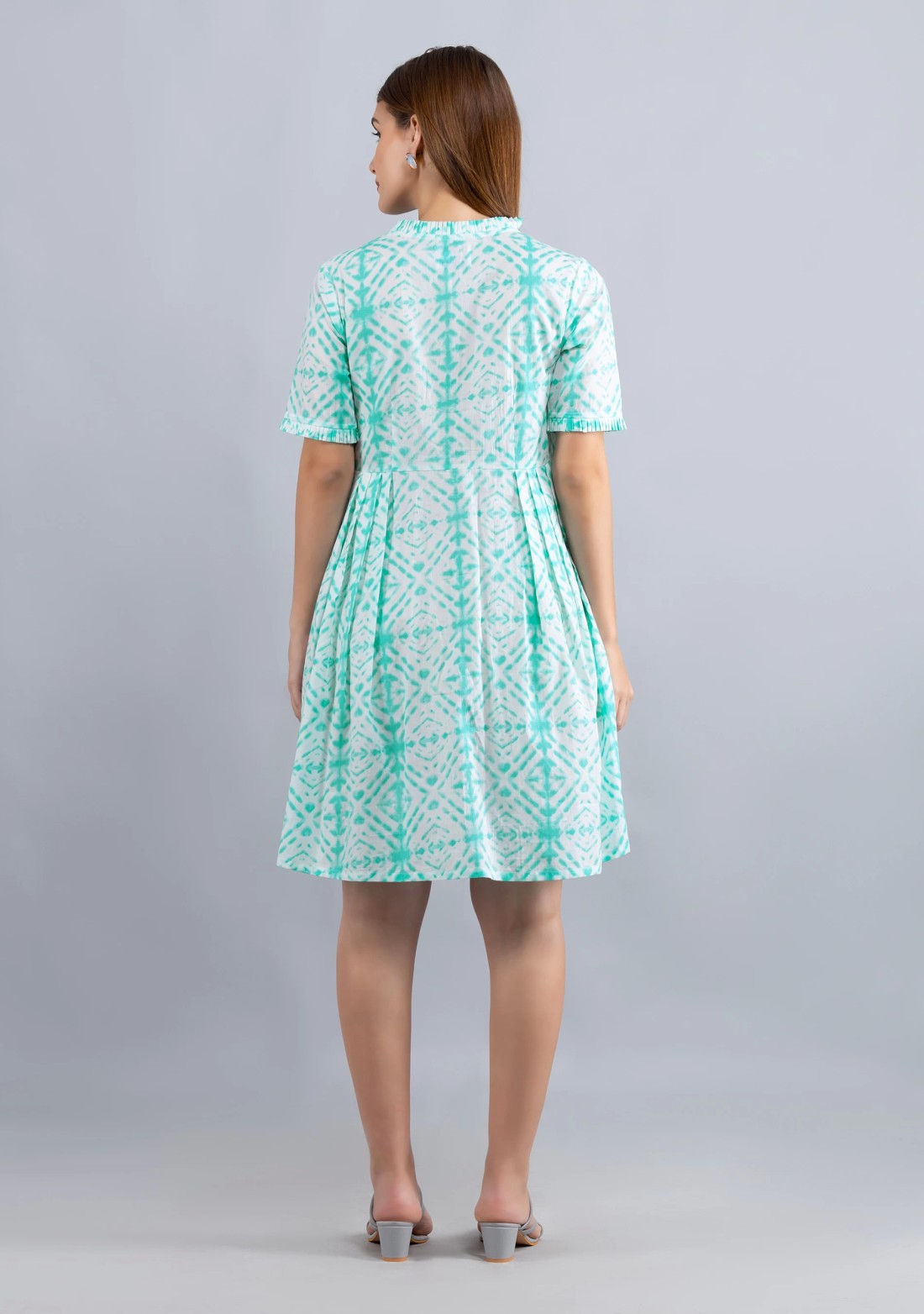 White & Sea green Printed Pure Cotton Fit & Flare  Dress