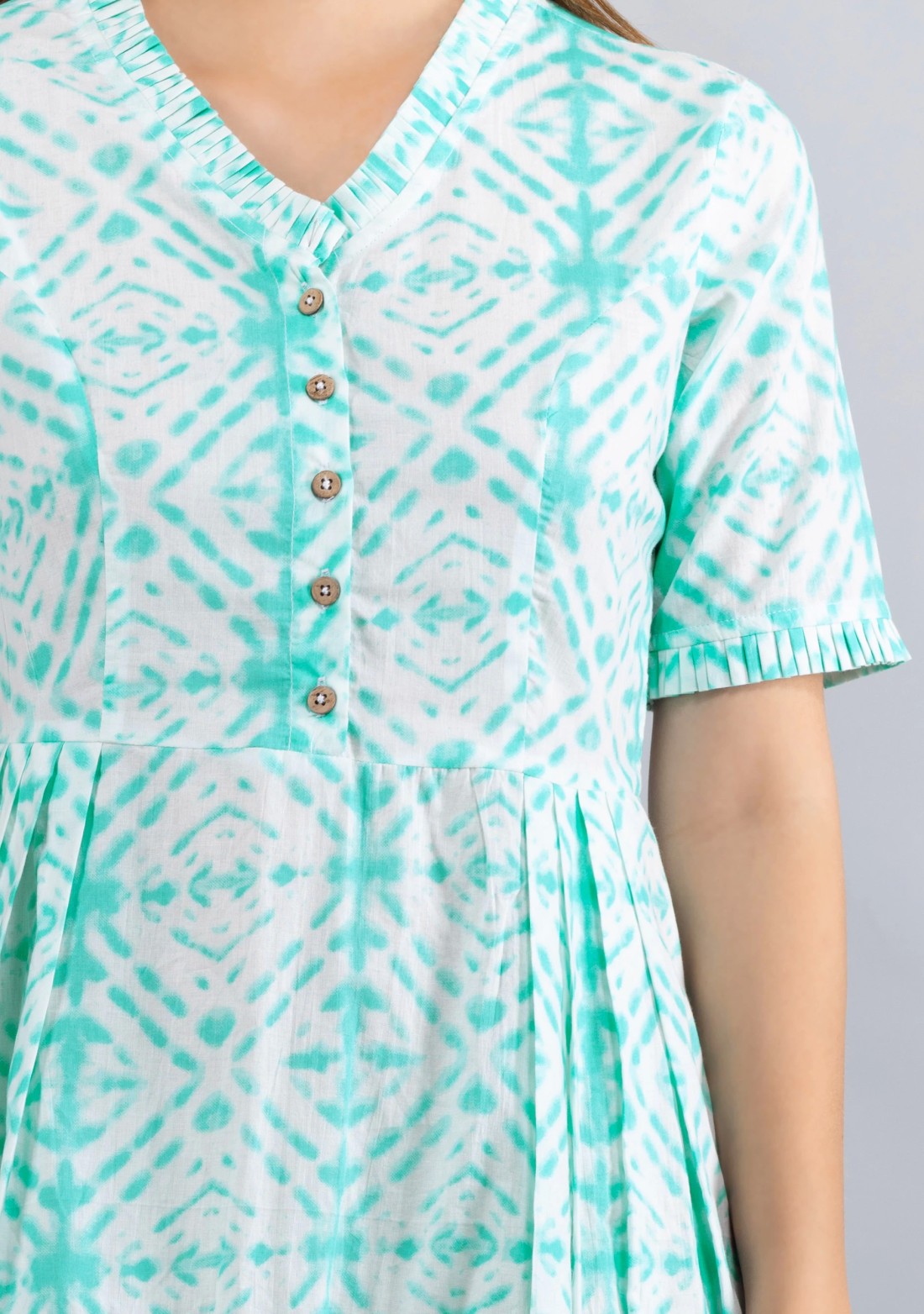 White & Sea green Printed Pure Cotton Fit & Flare  Dress