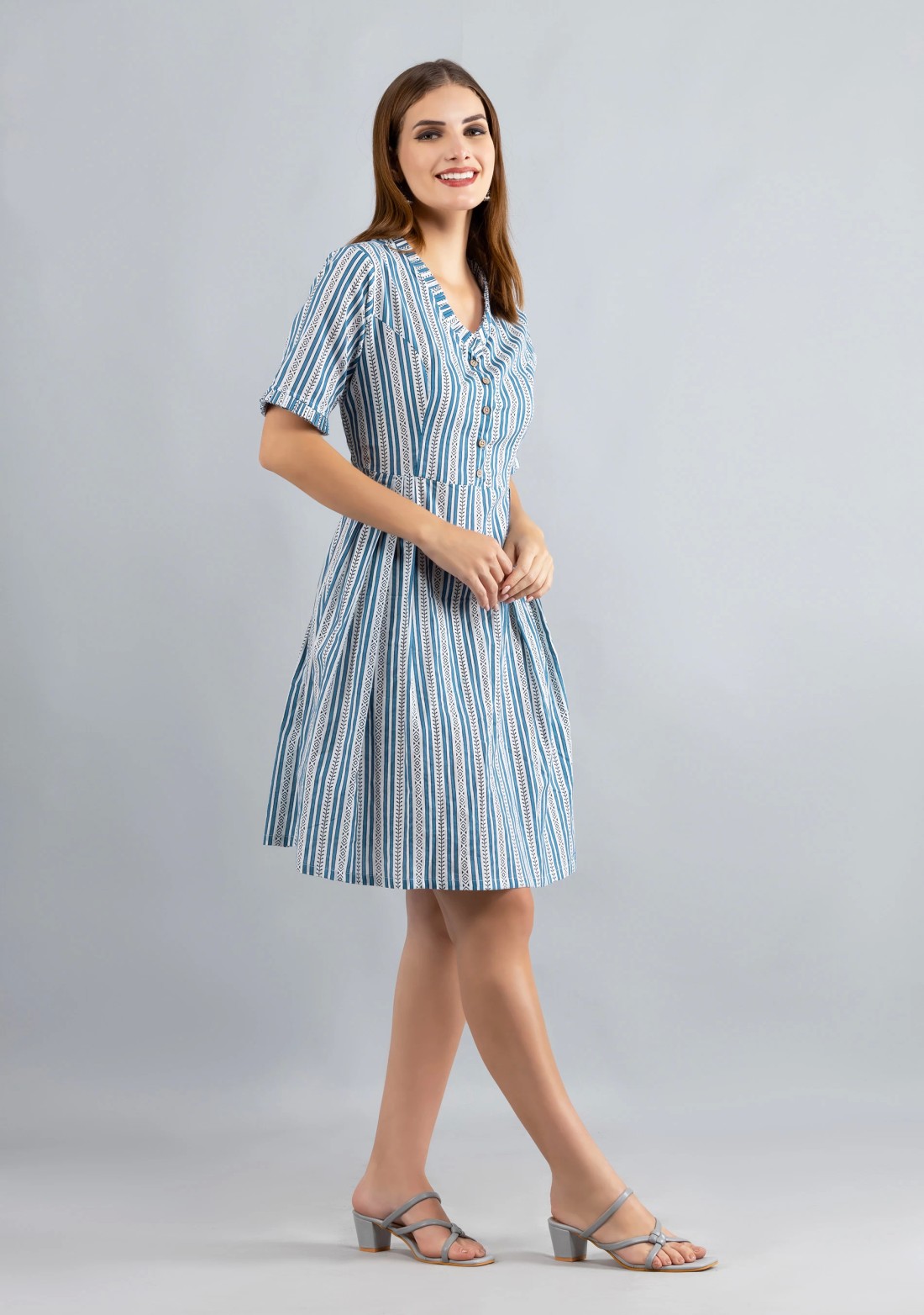 White & Blue Printed Pure Cotton Fit & Flare  Dress