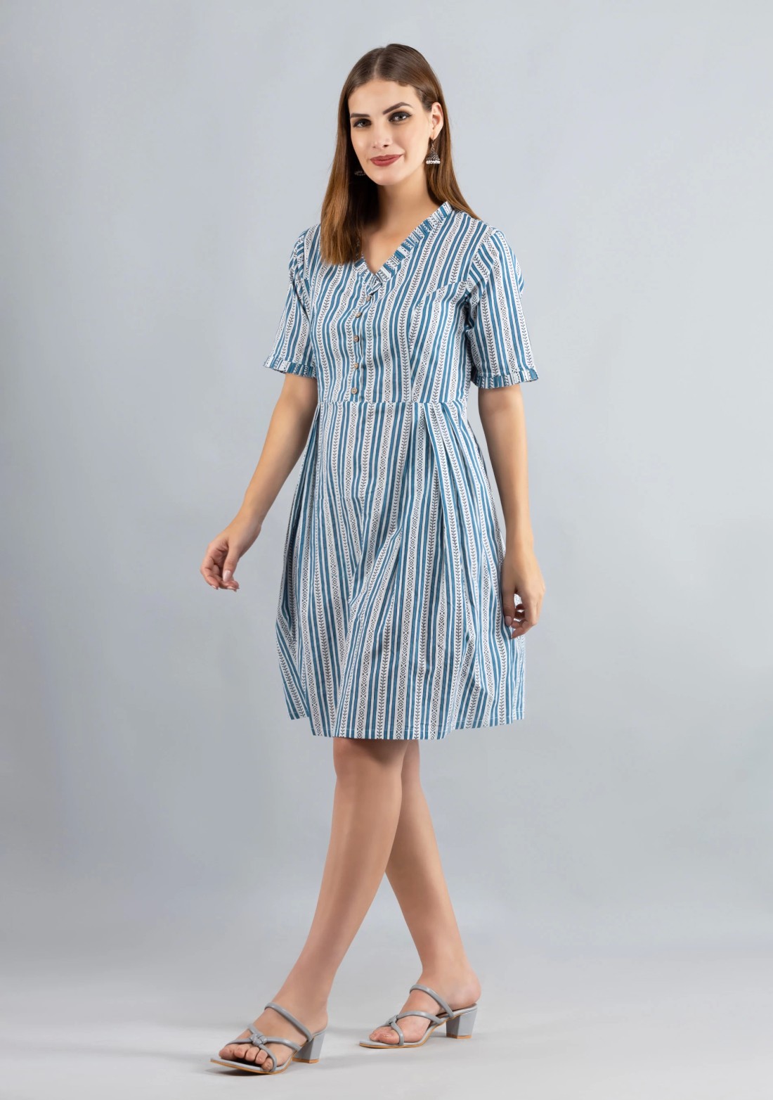 White & Blue Printed Pure Cotton Fit & Flare  Dress