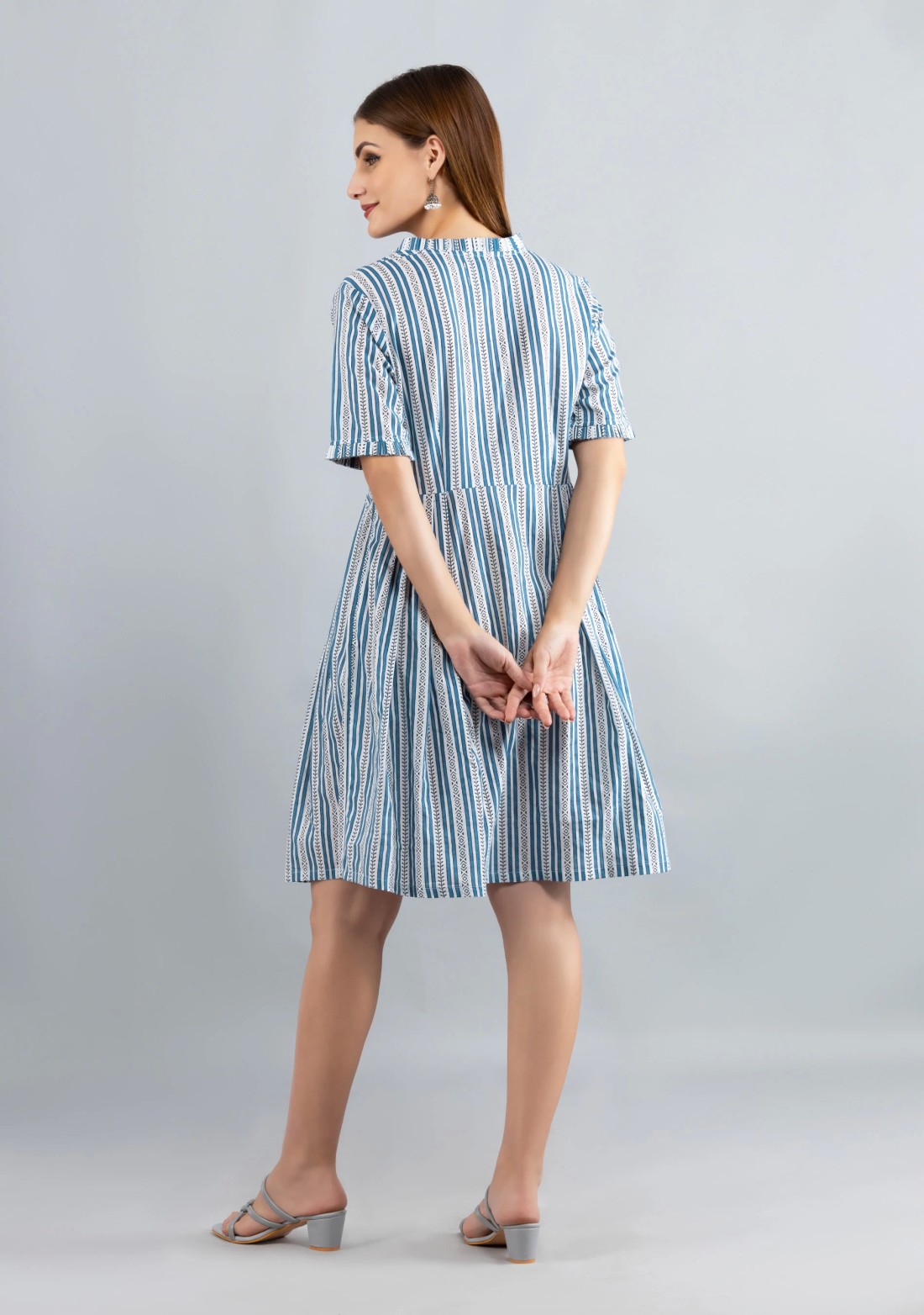 White & Blue Printed Pure Cotton Fit & Flare  Dress