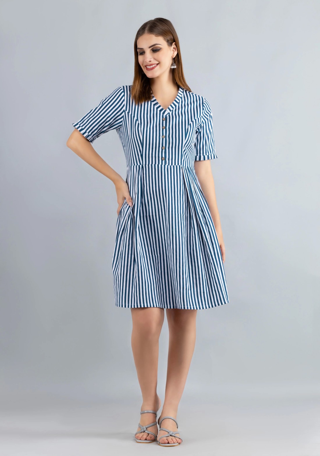 White & Blue Printed Pure Cotton Fit & Flare  Dress