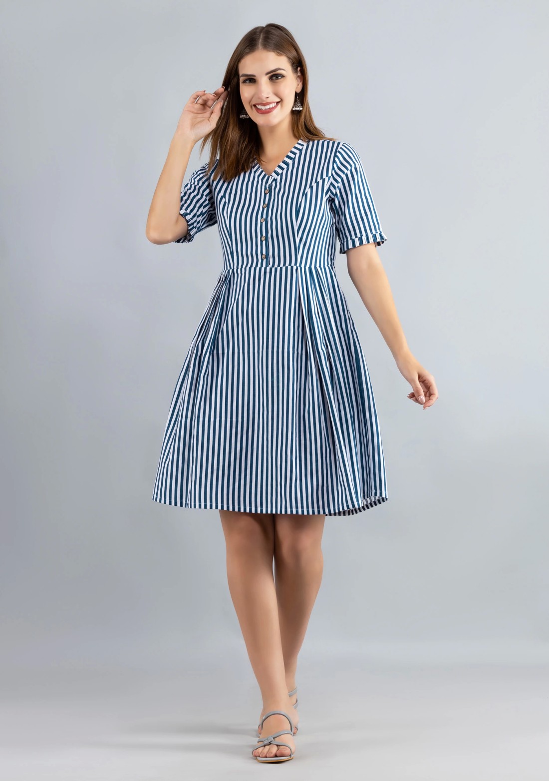 White & Blue Printed Pure Cotton Fit & Flare  Dress