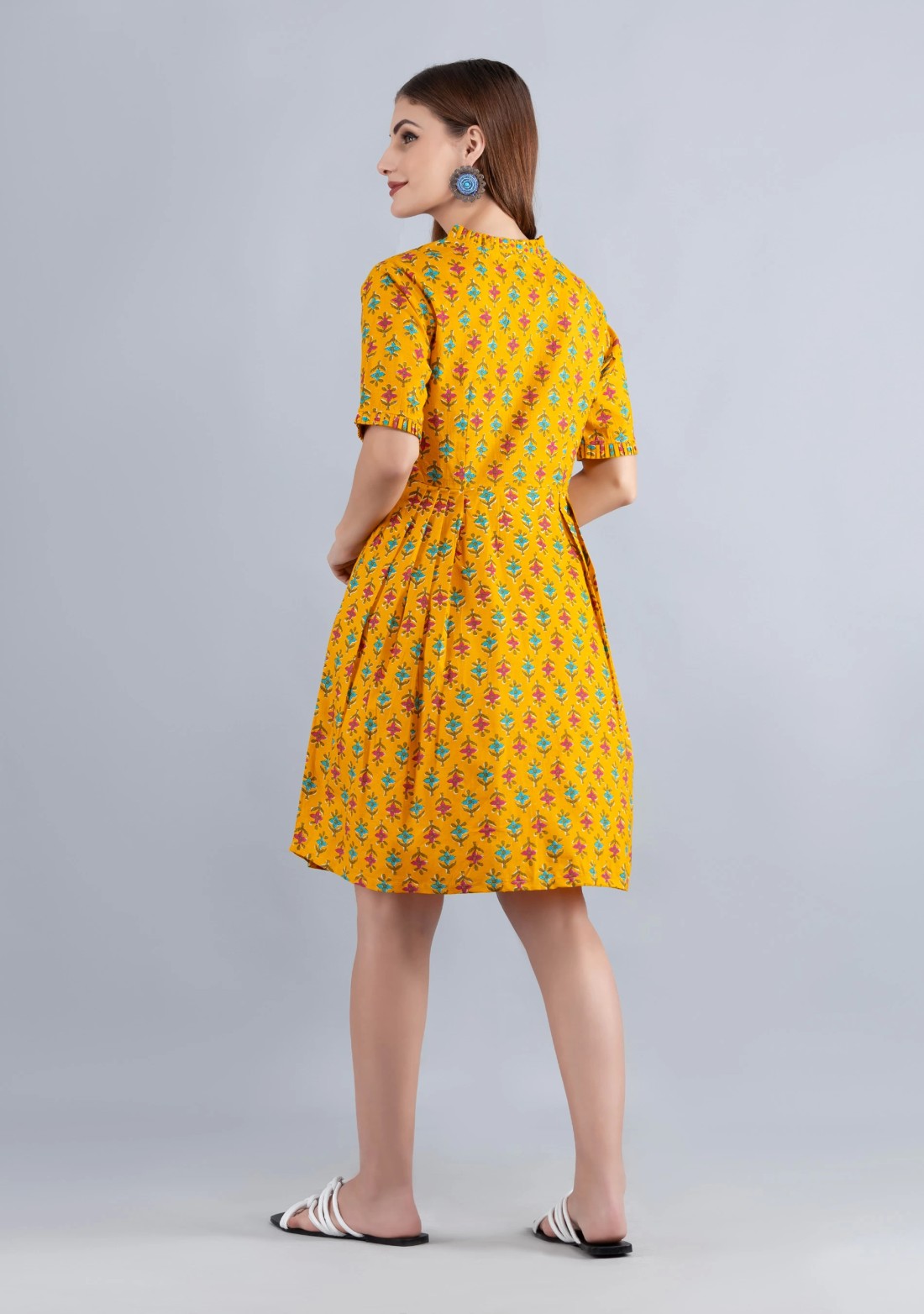 Yellow Printed Pure Cotton Fit & Flare  Dress