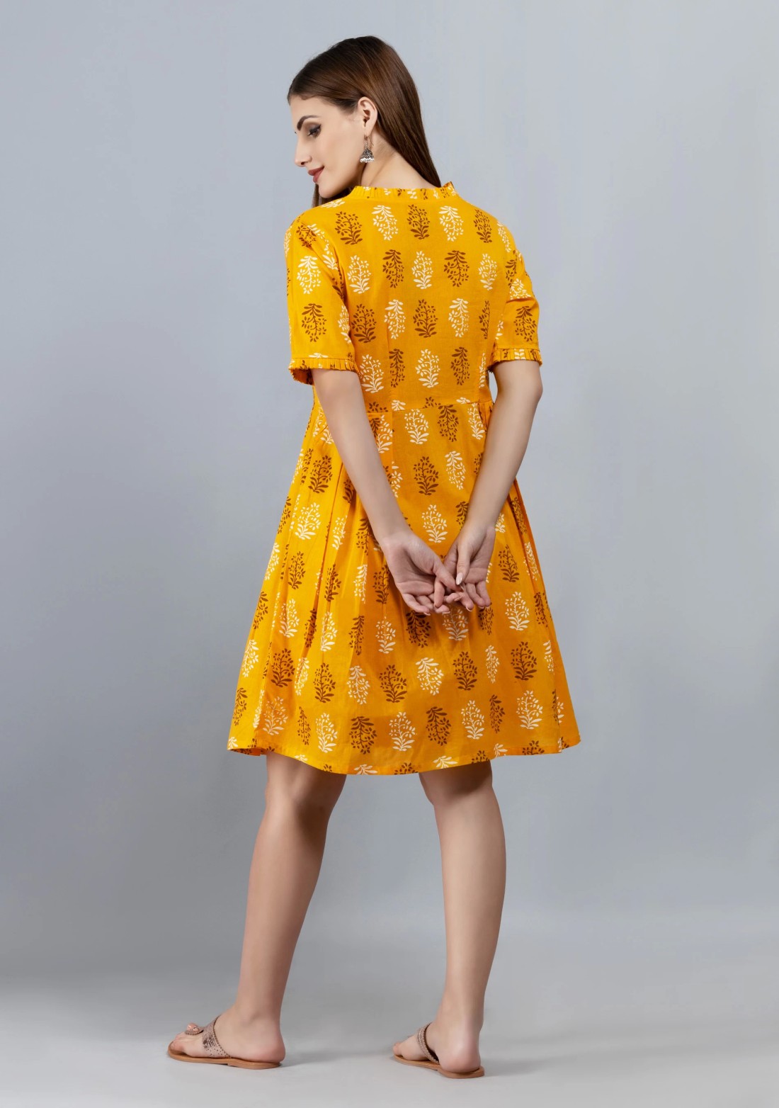 Yellow Printed Pure Cotton Fit & Flare  Dress