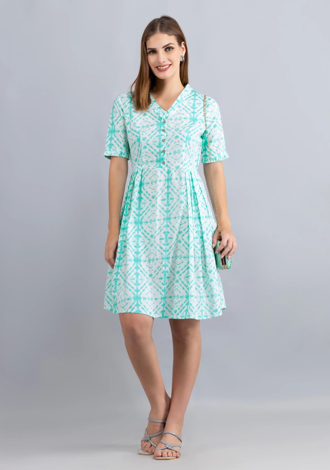 White & Sea green Printed Pure Cotton Fit & Flare  Dress