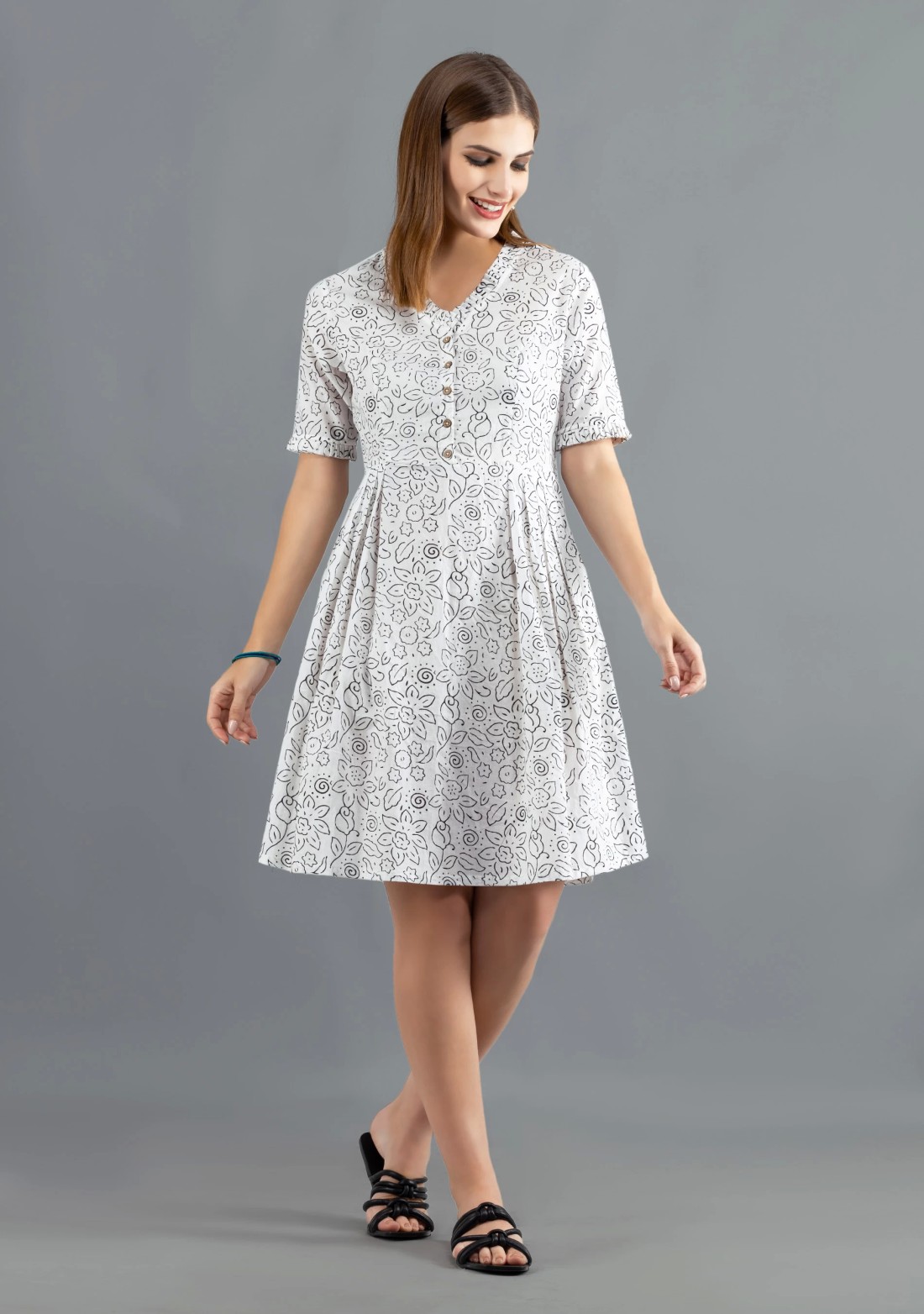 White Printed Pure Cotton Fit & Flare  Dress