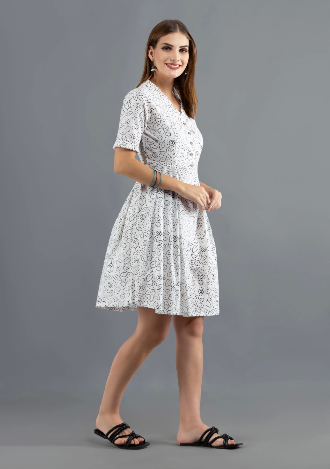 White Printed Pure Cotton Fit & Flare  Dress