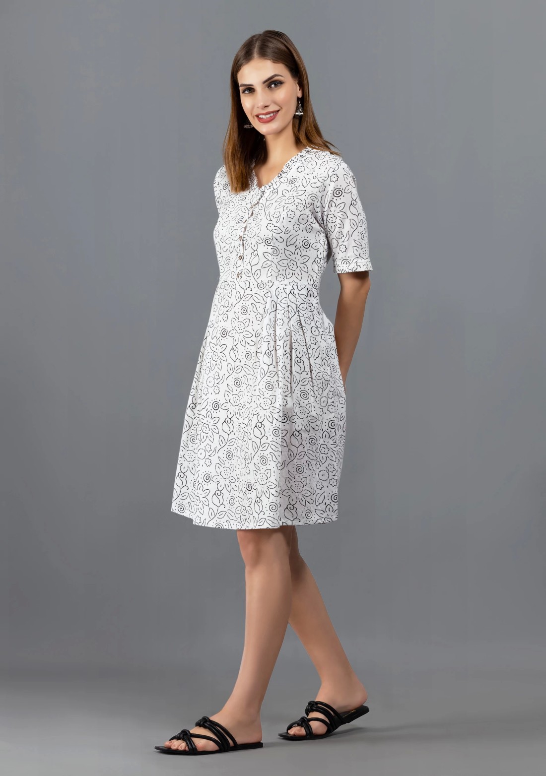 White Printed Pure Cotton Fit & Flare  Dress