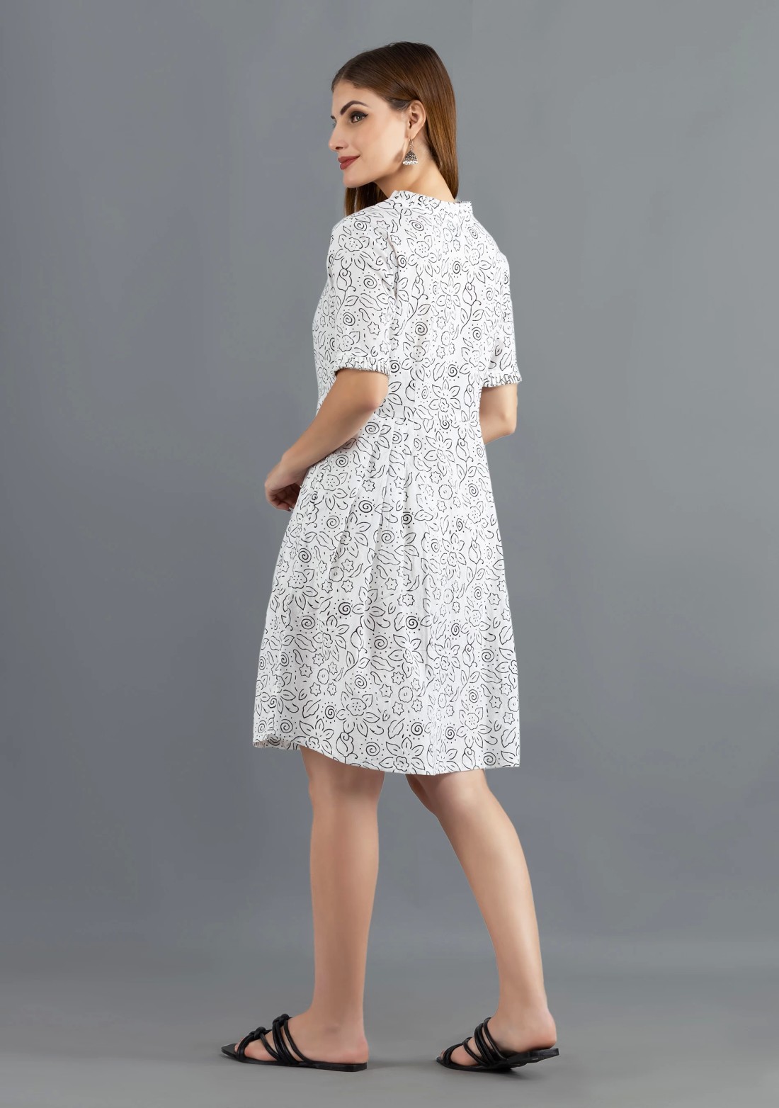 White Printed Pure Cotton Fit & Flare  Dress