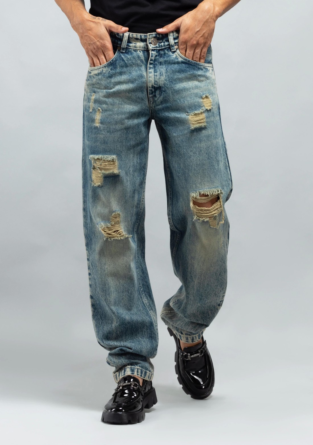 Greenish Blue Distressed Relaxed Fit Men's Fashion Jeans