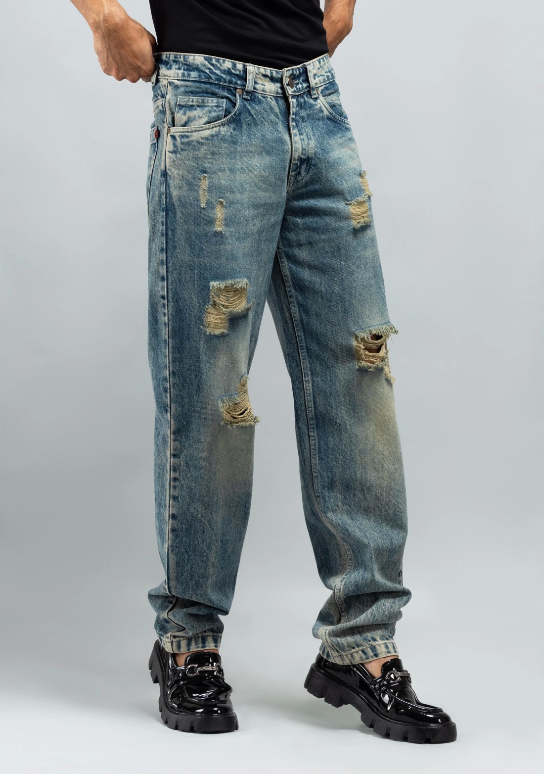 Greenish Blue Distressed Relaxed Fit Men's Fashion Jeans