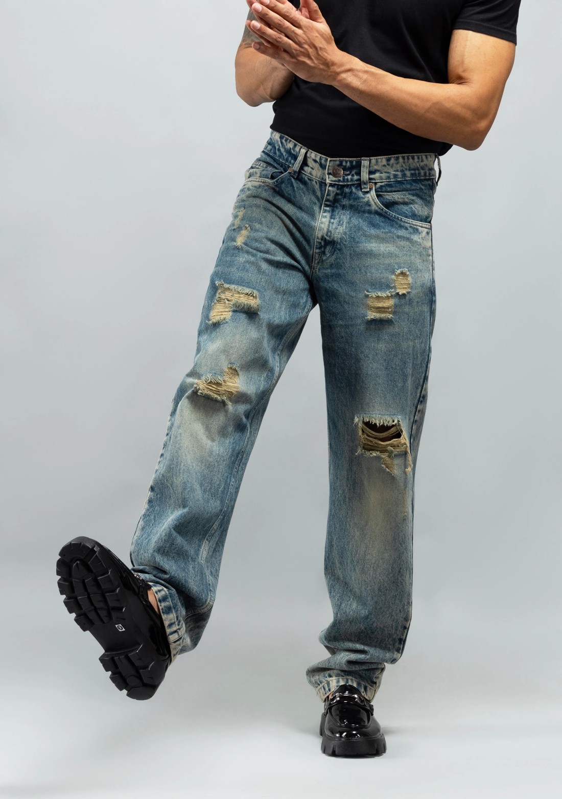 Greenish Blue Distressed Relaxed Fit Men's Fashion Jeans