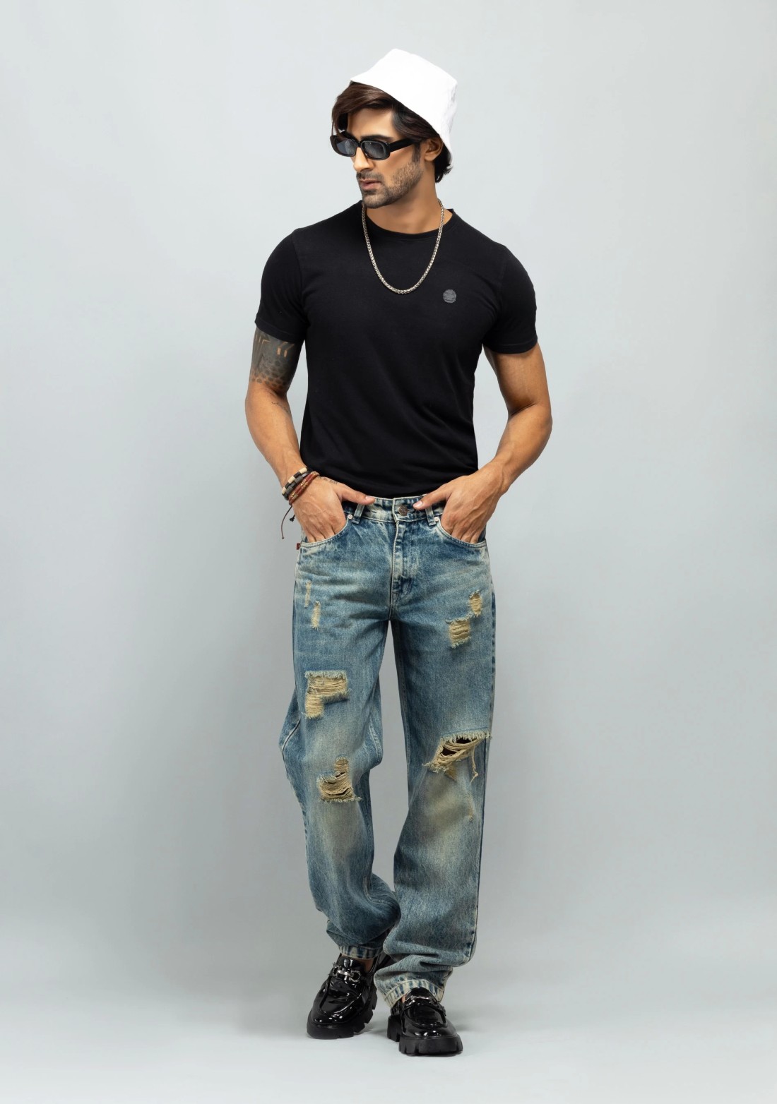 Greenish Blue Distressed Relaxed Fit Men's Fashion Jeans