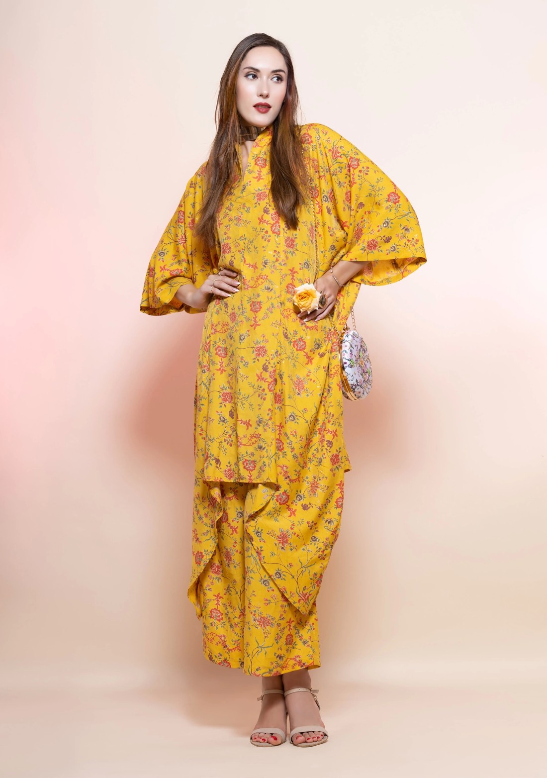 Yellow Floral Printed Viscose Muslin Silk Kimono Co-Ord Set