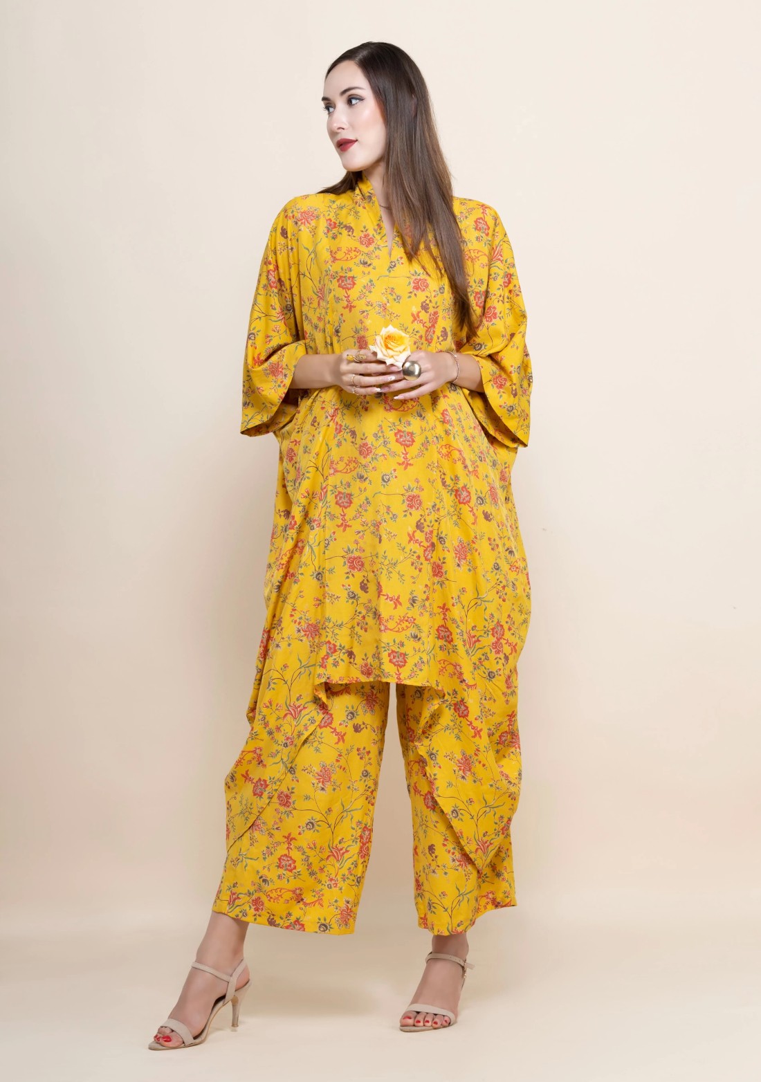 Yellow Floral Printed Viscose Muslin Silk Kimono Co-Ord Set