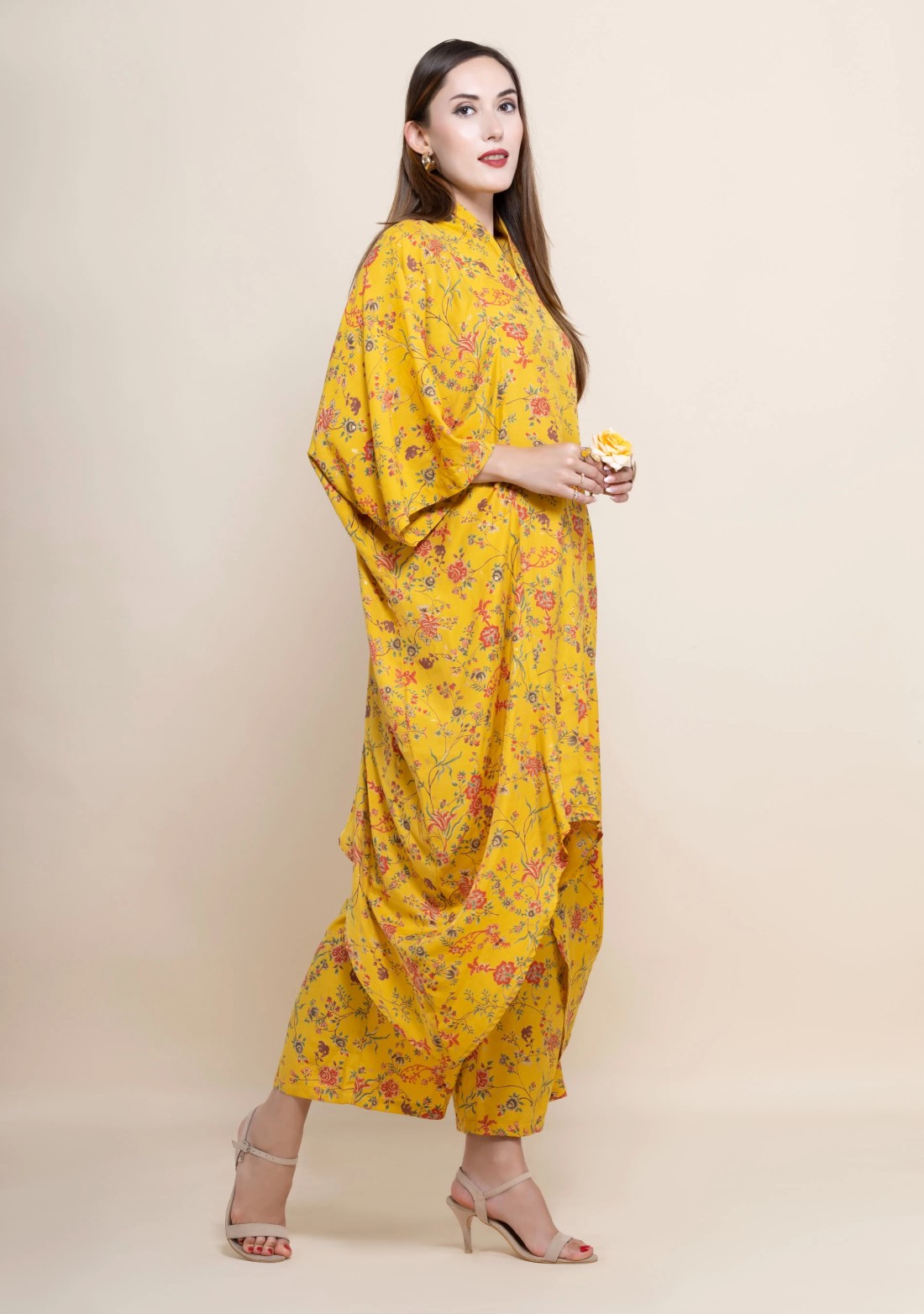 Yellow Floral Printed Viscose Muslin Silk Kimono Co-Ord Set