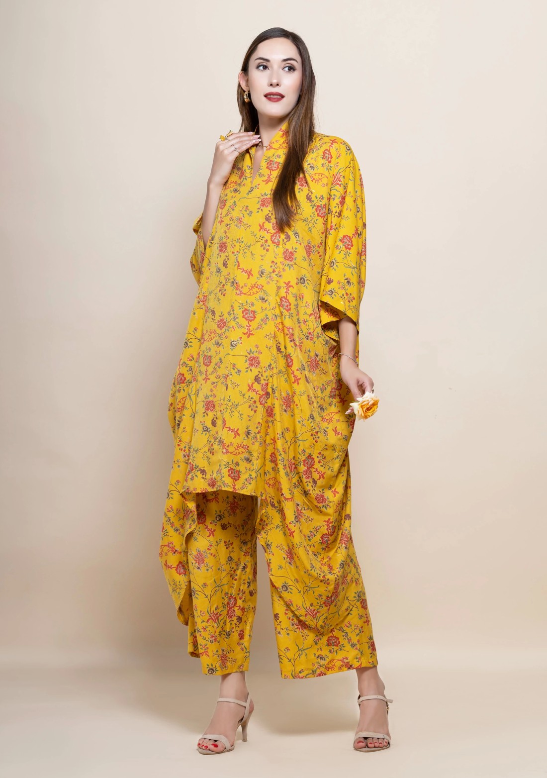 Yellow Floral Printed Viscose Muslin Silk Kimono Co-Ord Set