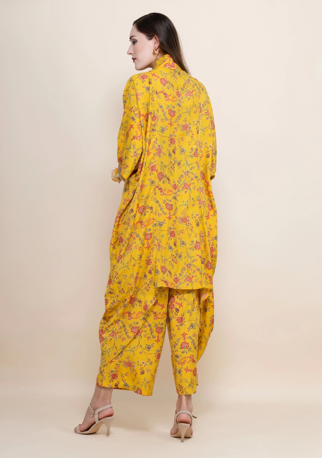 Yellow Floral Printed Viscose Muslin Silk Kimono Co-Ord Set