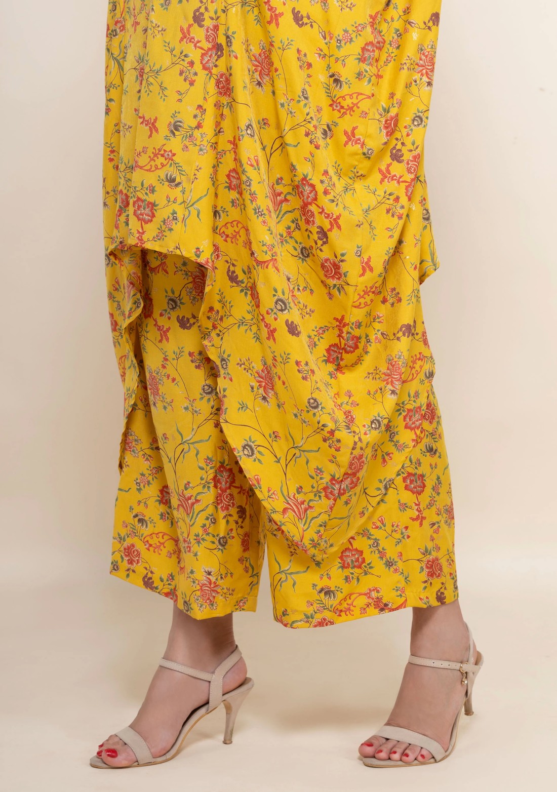 Yellow Floral Printed Viscose Muslin Silk Kimono Co-Ord Set