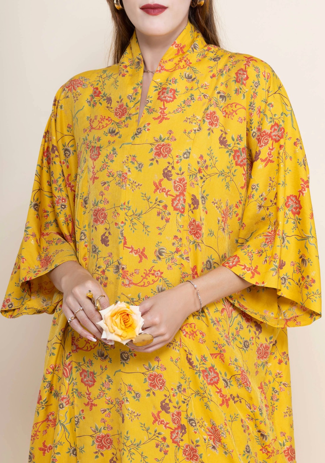 Yellow Floral Printed Viscose Muslin Silk Kimono Co-Ord Set