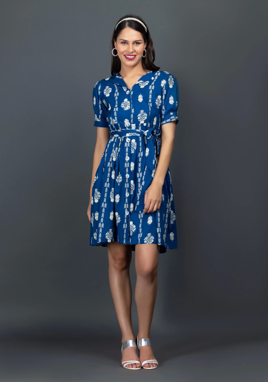 Royal Blue Block Printed Viscose Rayon Dress