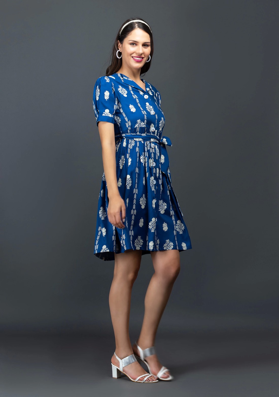 Royal Blue Block Printed Viscose Rayon Dress