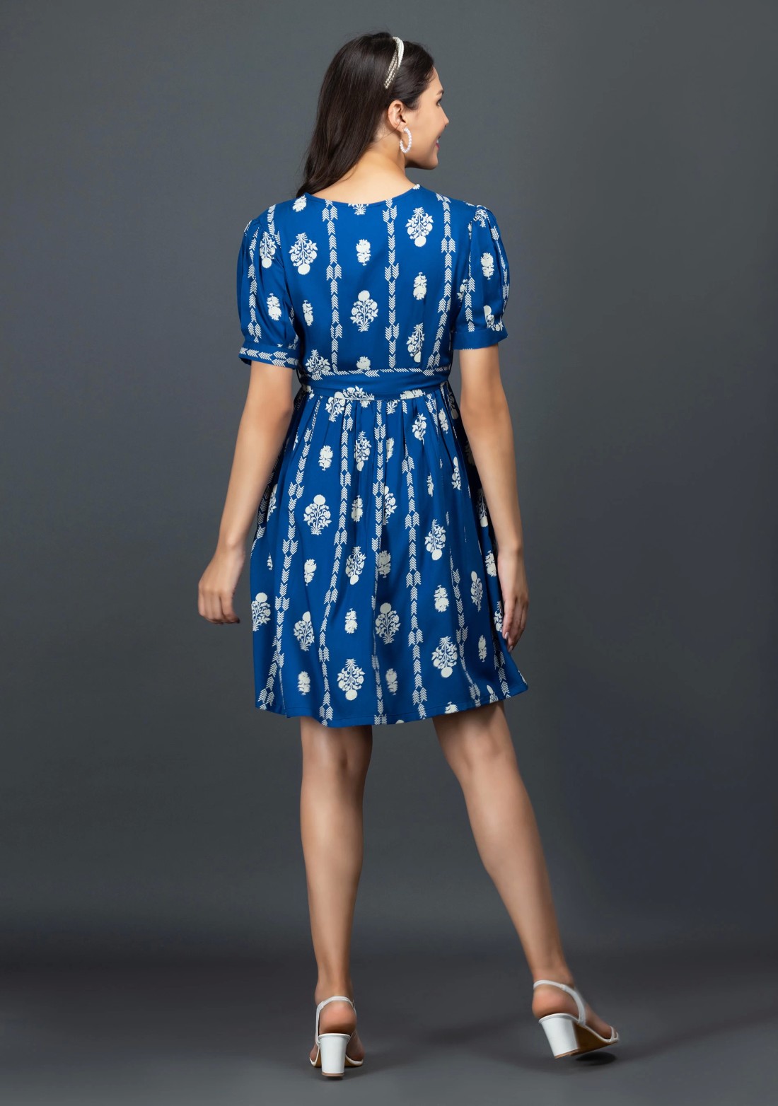 Royal Blue Block Printed Viscose Rayon Dress