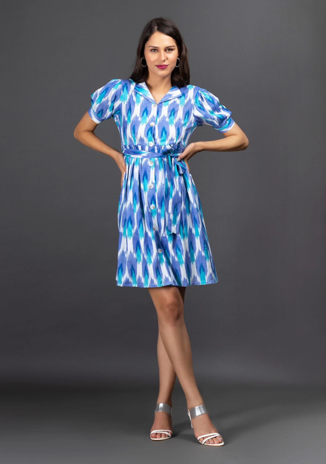 White & Blue Ikkat Printed Viscose Rayon Dress