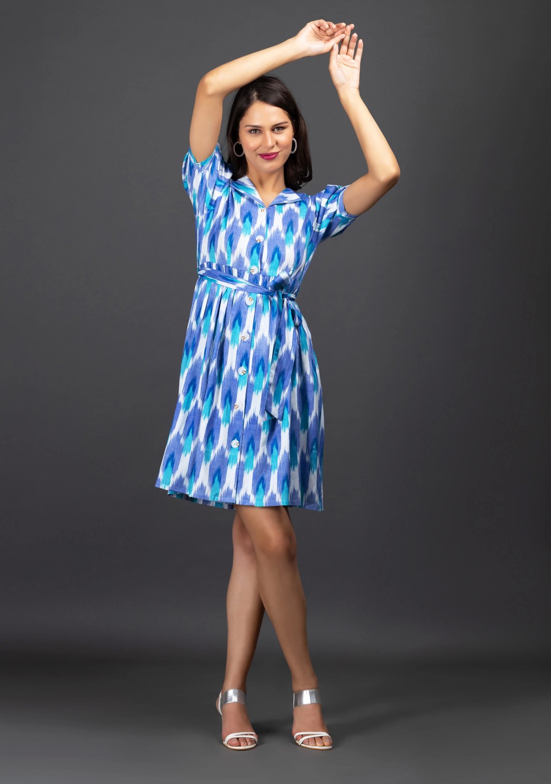 White & Blue Ikkat Printed Viscose Rayon Dress