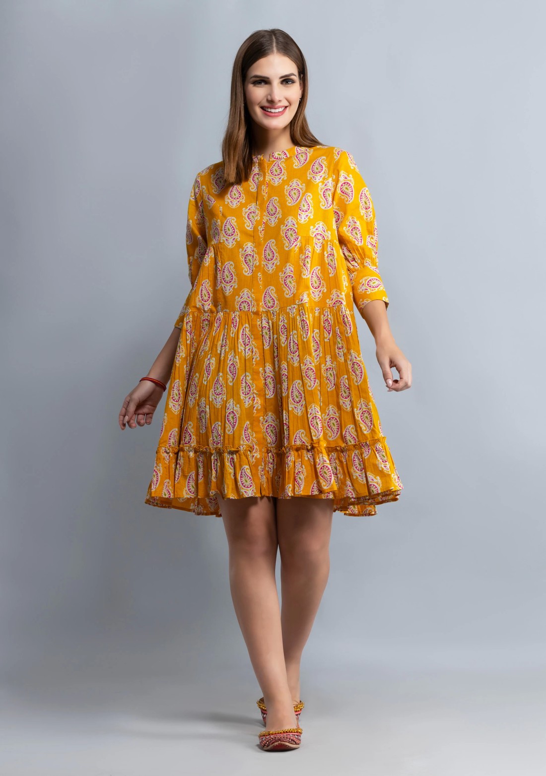 Yellow Paisley Printed Pure Cotton Gathered Dress