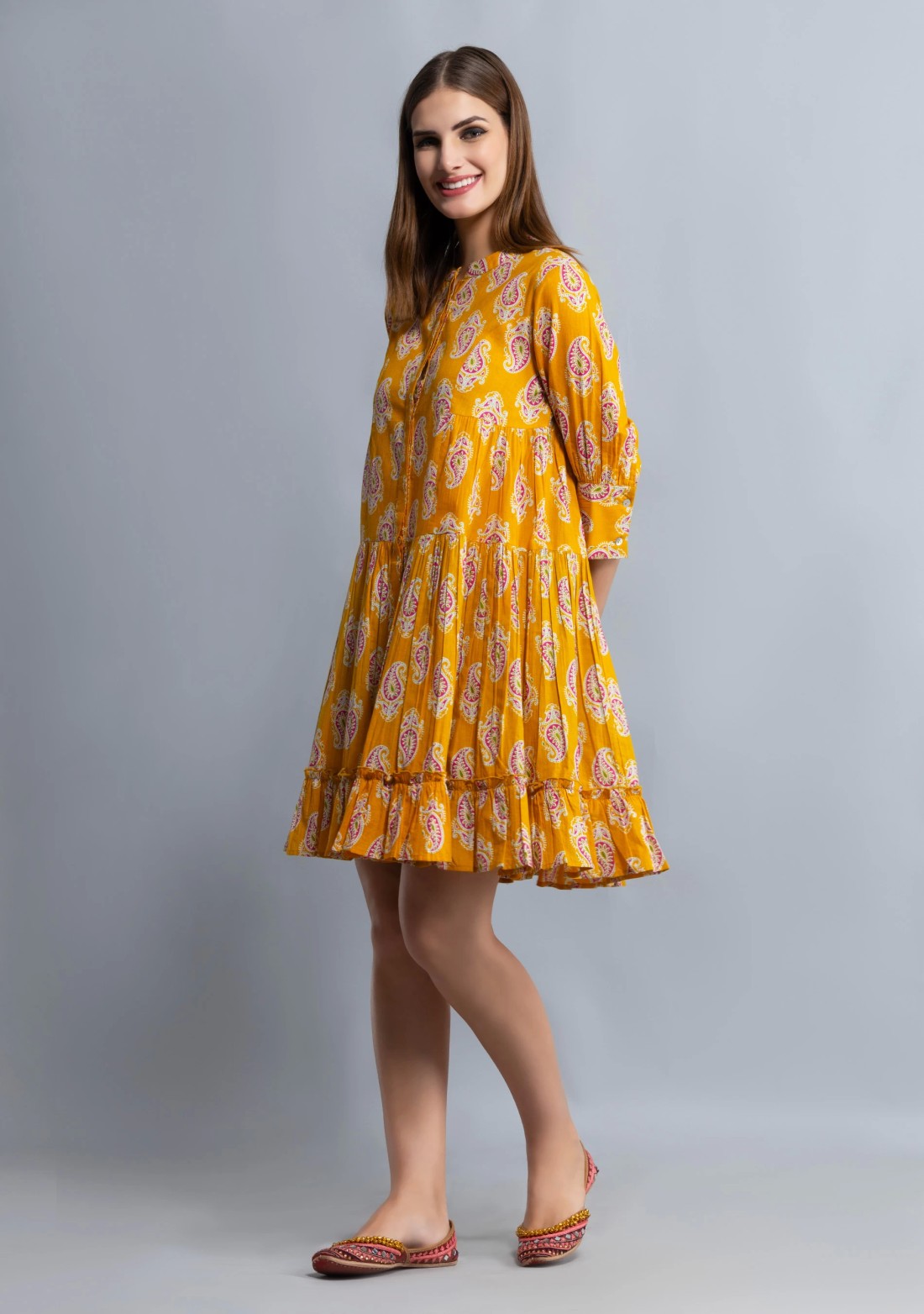 Yellow Paisley Printed Pure Cotton Gathered Dress