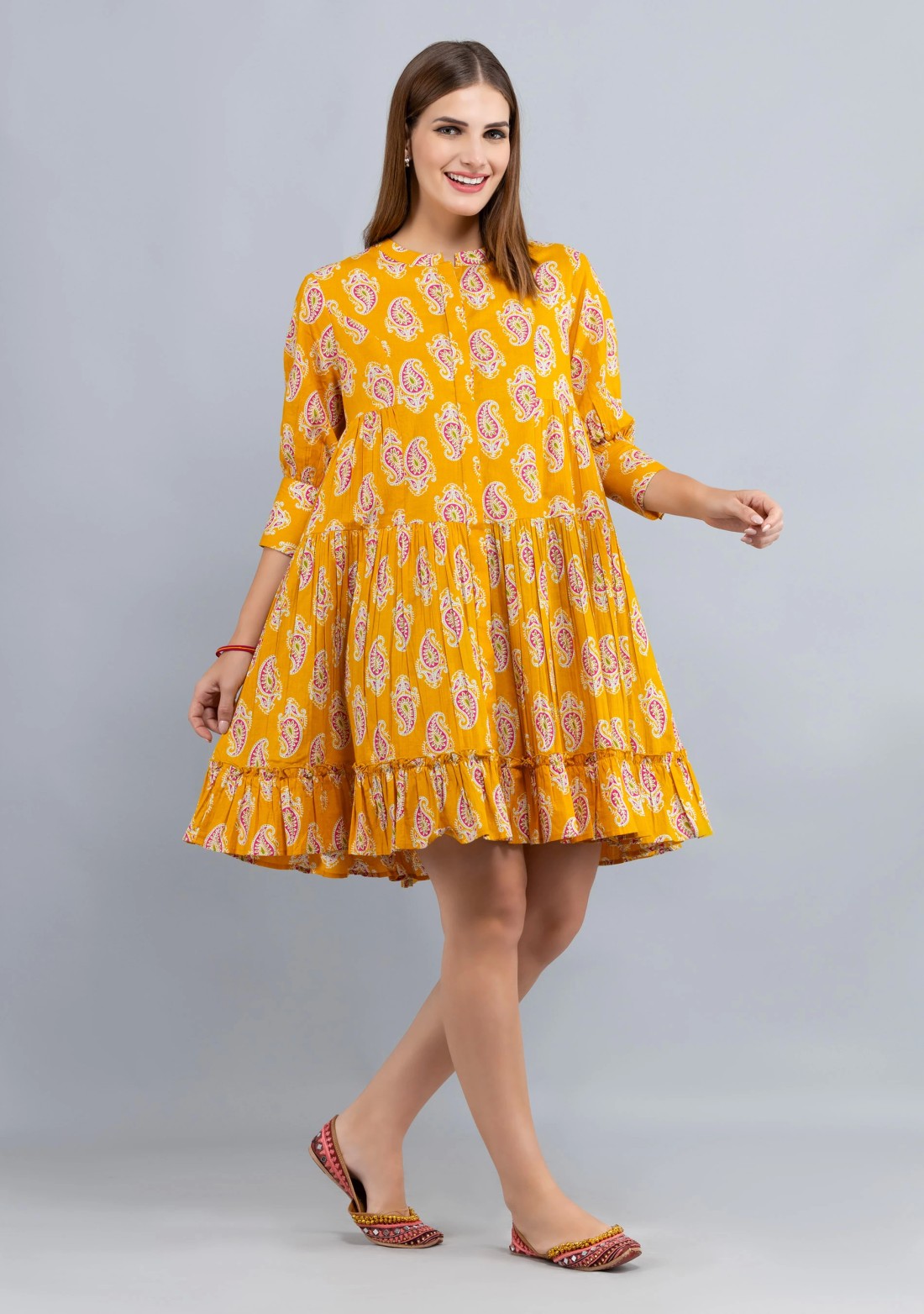 Yellow Paisley Printed Pure Cotton Gathered Dress