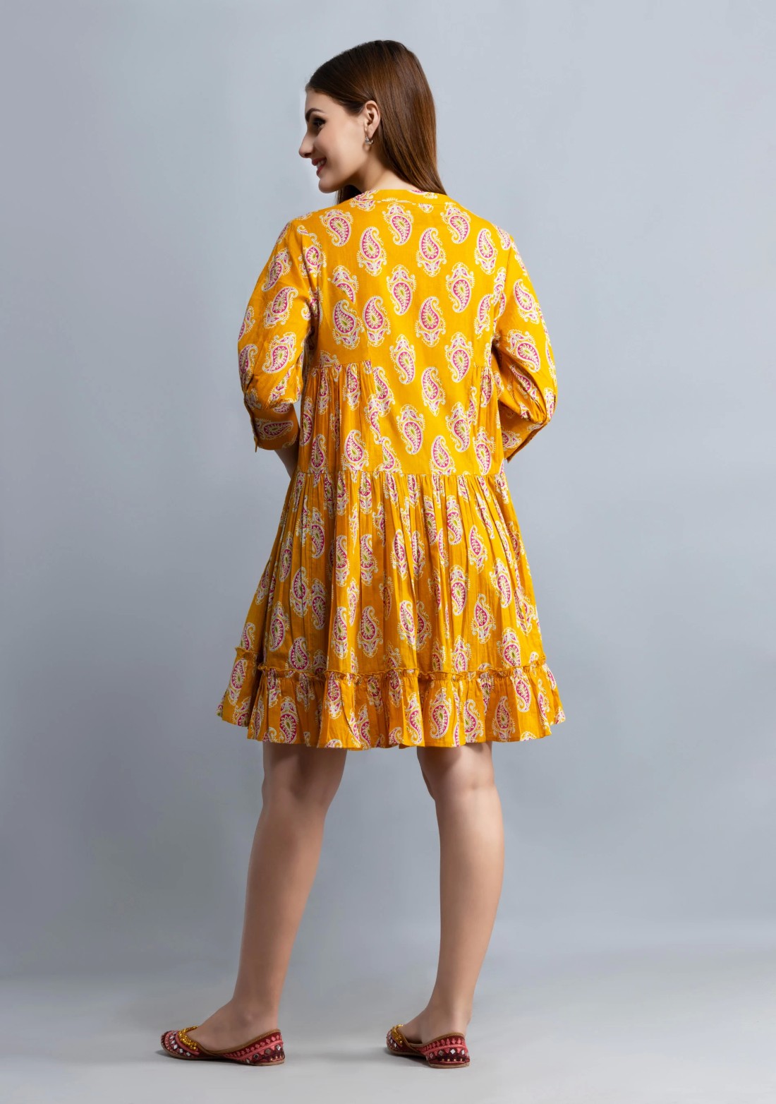 Yellow Paisley Printed Pure Cotton Gathered Dress