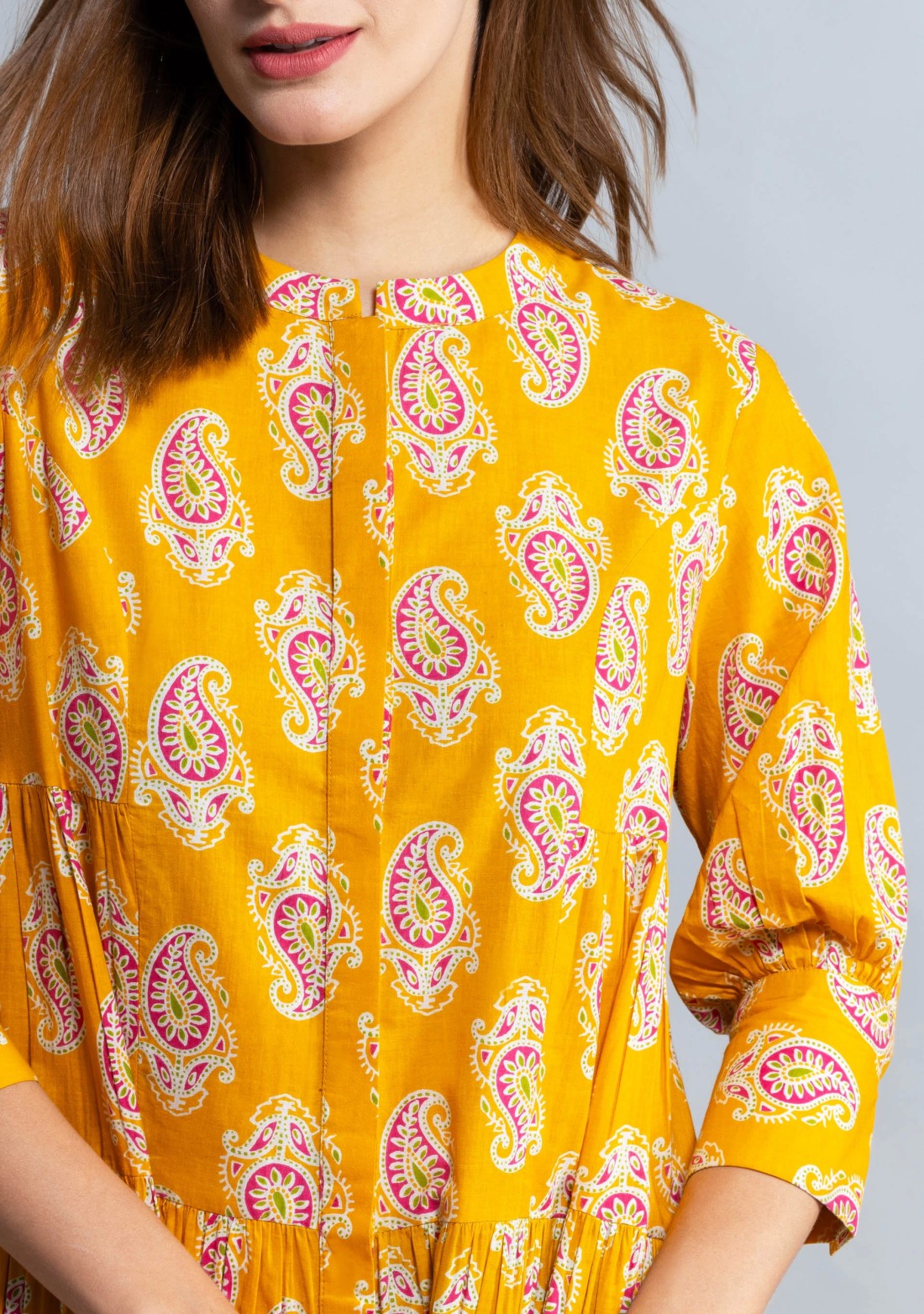 Yellow Paisley Printed Pure Cotton Gathered Dress