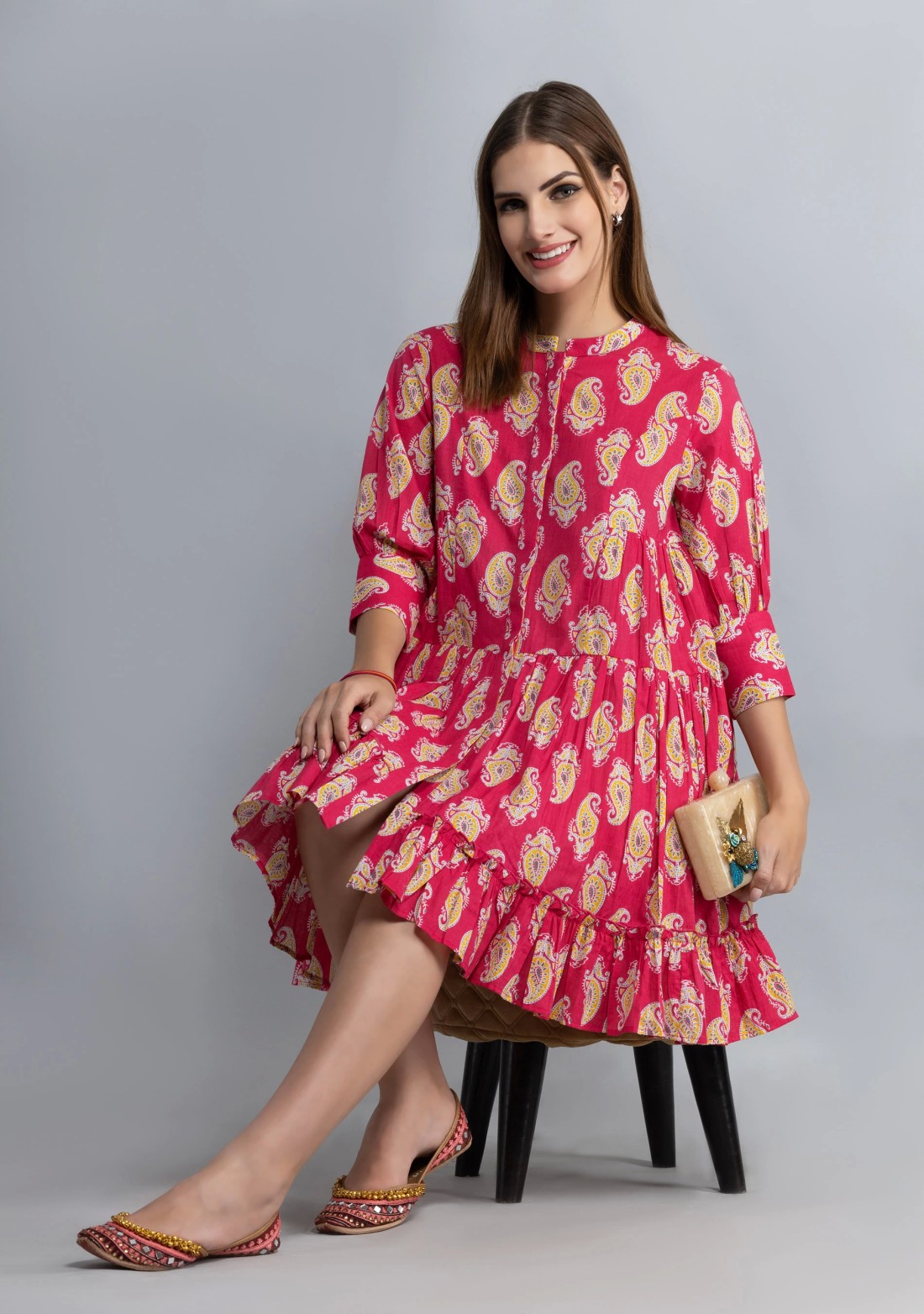 Pink Paisley Printed Pure Cotton Gathered Dress