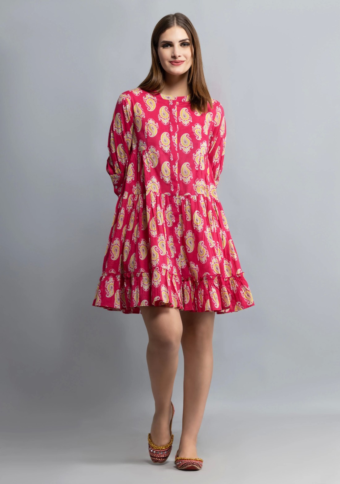 Pink Paisley Printed Pure Cotton Gathered Dress