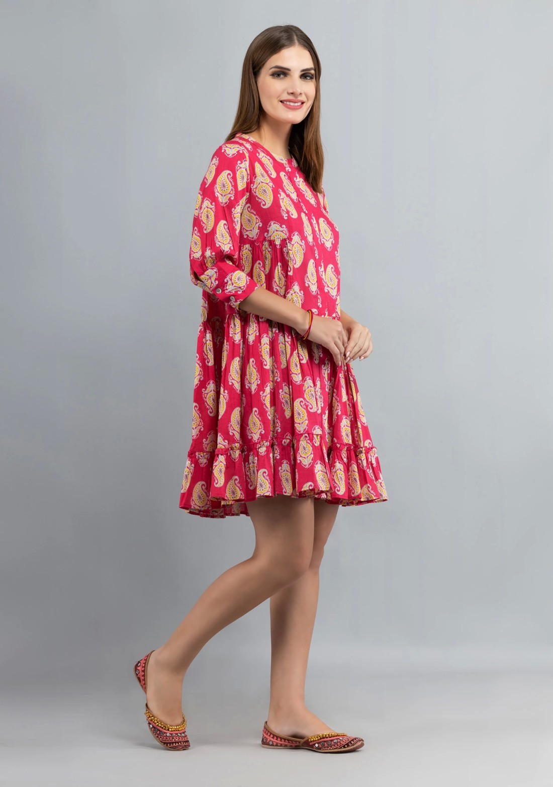 Pink Paisley Printed Pure Cotton Gathered Dress