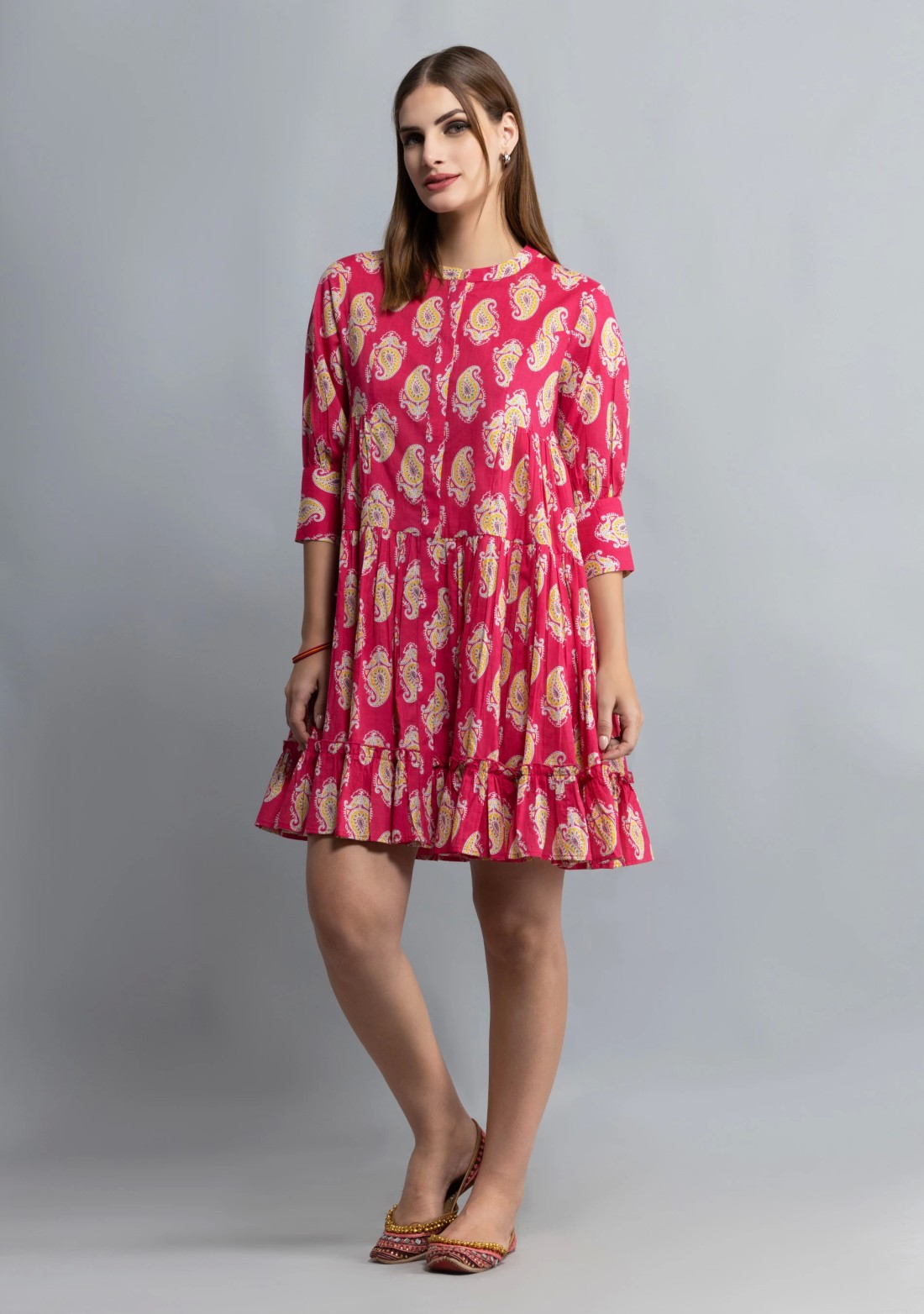 Pink Paisley Printed Pure Cotton Gathered Dress