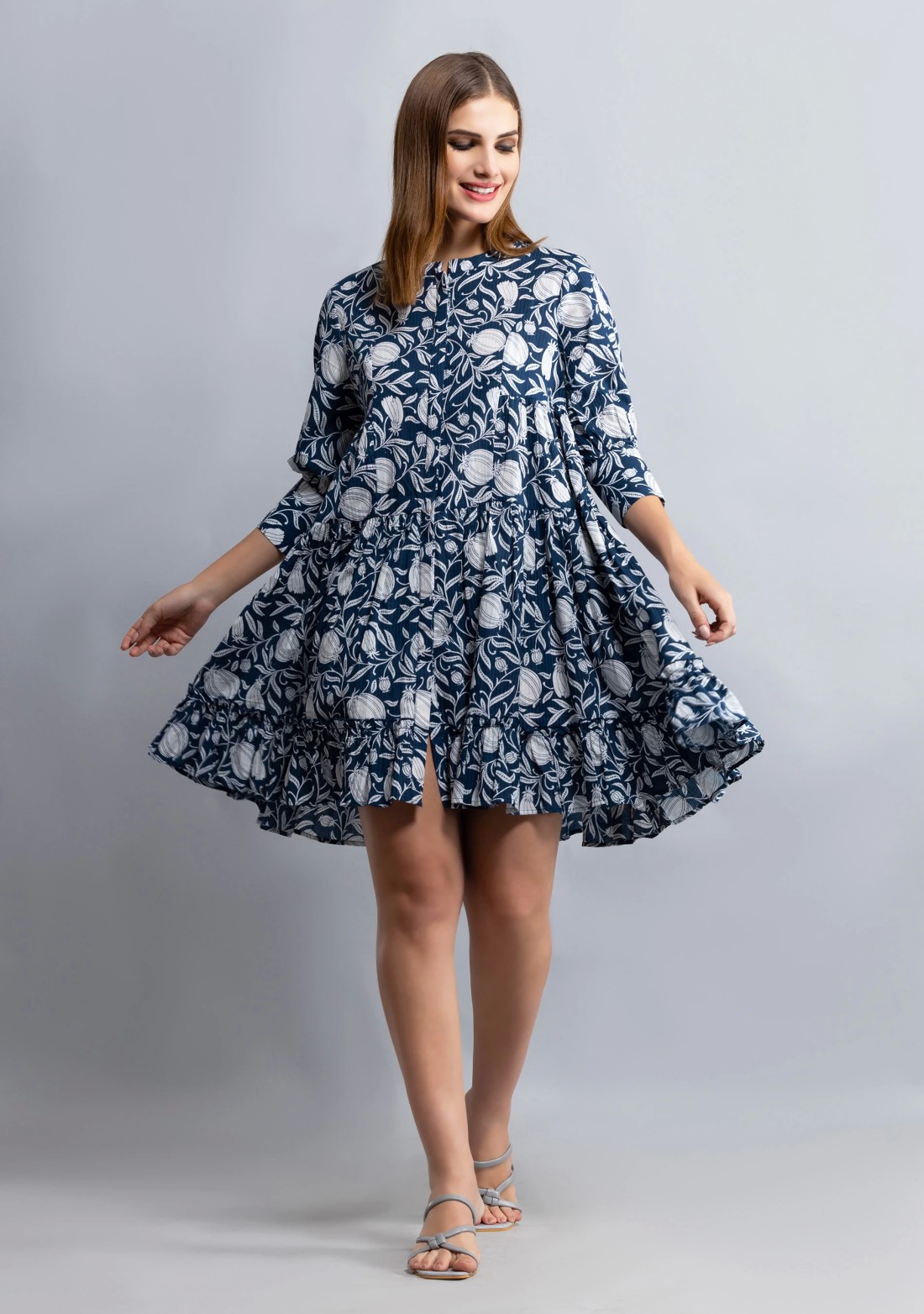 Blue Allover Printed Pure Cotton Gathered Dress